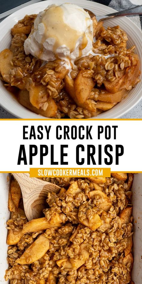 Close up of crock pot apple crisp with vanilla ice cream on top. Apples Going Bad Recipes, Crock Pot Apple Crisp, Crockpot Apple Crisp, Crockpot Dessert, Work Breakfast, Crockpot Desserts, Crockpot Dessert Recipes, Apple Crisp Recipe, Simple Desserts