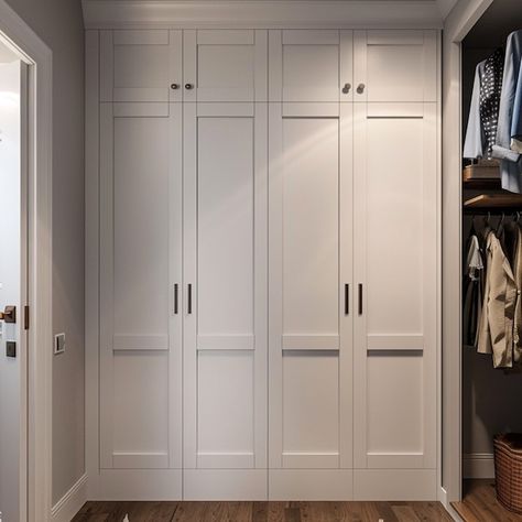 Closet System Maker - Etsy Closet Cupboard Designs, Modern Farmhouse Closet Doors, Shaker Style Wardrobe, Painted Built In Wardrobes, Large Closet Door Ideas, Adding A Closet To A Bedroom, Front Closet Makeover Entryway, Wall Of Closets Built Ins, Closet With Cabinets