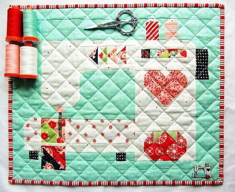 The Stitched with Love Mini quilt pattern by Thimbleblossoms in two different colorways. Also see some fun new quilt block panels available in the shop. Sewing Machine Quilt Pattern, Sewing Machine Quilt Block, Block Quilt Ideas, Thimble Blossoms, Minki Kim, Dollhouse Quilt, Sewing Quilts, Sewing Machine Quilting, Mini Quilt Patterns