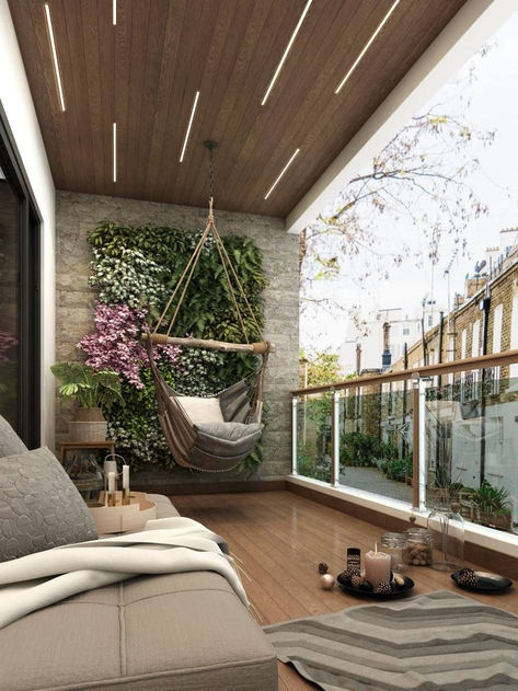 Transform your outdoor balcony into a serene escape with this unique modern design. Hang a cozy hammock seat to enjoy the fresh air, complemented by a lush fern-studded stone wall for a touch of natural elegance. Elevate your outdoor experience with comfort and style. 🌿🌞 #OutdoorLiving #BalconyDesign #ModernHome #HammockLife #NatureInspired #HomeDecor #RelaxationSpace #FernWall #SereneEscape #OutdoorOasis #BalconyRetreat #UrbanJungle #ContemporaryDesign Modern Outdoor Balcony, Terrace House Interior Design, Balcony Ceiling, Balcony Designs, Balcony Decor Ideas, Bedroom Pop Design, Balcony Design Ideas, Terrace Garden Design, Terrace Decor