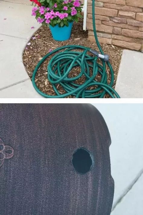 Learn how to make a hose pot for cheap with this easy diy tutorial. Upgrade your outdoor curb appeal and hide an ugly hose with this cheap diy hose pot idea. Flower Pot Tower, Candle Holder Makeover, Hose Pot, Outdoor Curb Appeal, Kill Weeds Naturally, Diy Stock Tank, Fairy Lights In Trees, Gutter Garden, Garden Hose Holder