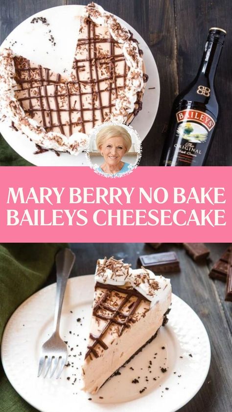 Mary Berry No Bake Baileys Cheesecake Baileys White Chocolate Cheesecake, Baileys Cheesecake No Bake, No Bake Baileys Cheesecake, Oreo Baking, Baileys Dessert, Baileys Cake, British Baking Show Recipes, Cheese Cake Filling, Delicious Cheesecake Recipes