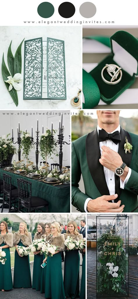 Wedding Color Palette Archives - Page 4 of 30 - Elegantweddinginvites.com Blog Black Winter Wedding, Emerald Wedding Colors, Winter Wedding Color Palette, Dark Green Wedding, Wedding Boards, Wedding Color Palettes, Green Weddings, Emerald Green Weddings, Green Wedding Colors