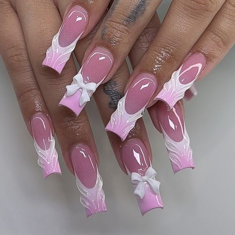 ig: nailsxomari Girly Acrylic Nails Designs, Hard Nails Designs, Pink Freestyle Nails, Basic Nail Art Designs, Uñas Coquette, Bow Nail Designs, Cute Pink Nails, Purple Acrylic Nails, Hard Nails