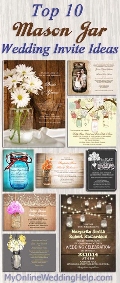 I like some of these for a country wedding (esp the chalkboard one). The page also has links to examples and a whole bunch of other mason jar wedding invitation designs. #MyOnlineWeddingHelp Mason Jars Ideas, Lace Mason Jars, Mason Jar Wedding Invitations, Mason Jar Design, Vintage Mason Jars, Rustic Vintage Wedding, Country Wedding Invitations, Lace Wedding Invitations, Mason Jar Wedding