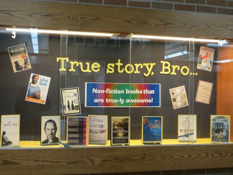 I can't be the only high school where "Bro" is in full force?! True stories - quick, easy showcase that has the kids laughing (and rolling their eyes calling me a dork)! School Library Displays Ideas, Library Displays Ideas, High School Library Displays, Back To School Library Displays, Back To School Library, Teen Library Displays, School Library Book Displays, School Library Bulletin Boards, School Library Decor