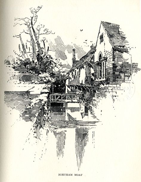 Herbert Railton (1857-1910) - Ightham Moat Herbert Railton, Charcoal Artwork, Graphite Art, Perspective Drawing Architecture, 흑백 그림, Expressionist Art, Cityscape Art, Landscape Drawings, Pen And Watercolor