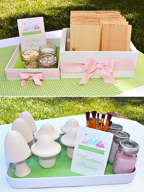 Barbie Fairy Birthday Party, Fairy Goodie Bags Ideas, Magical Garden Party, Fairy Garden Party Favors, Fairy Goodie Bags, Toadstool Painting, Fairy Party Table, Enchanted Fairy Garden Party, Paint Fairy