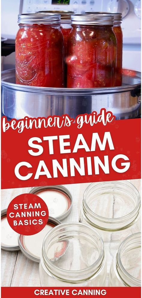 Steam canning for beginners offers a quicker way to preserve food at home compared to water bath canning. The steam canner heats up faster and uses less energy, making it ideal for high-acidity foods with a pH below 4.6. Learn how to preserve your favorite foods with ease. Find more preserving food recipes, home canning recipes, canning recipes for beginners, and Canning Recipes for Beginners at creativecanning.com. Canning Recipes For Beginners, Steam Canning, Canning For Beginners, Water Bath Canning Recipes, Canning Equipment, Canning Rack, Pressure Canning Recipes, Canning Process, Home Canning Recipes