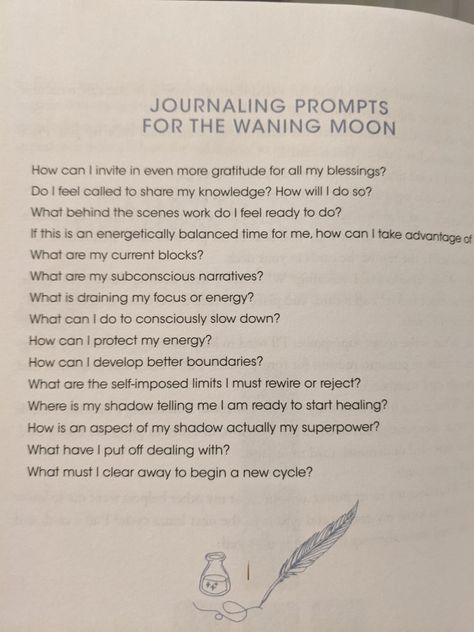 Period Journal Prompts, Journal Prompts For Witches, Waning Crescent Journal Prompt, Journal Prompts For Spirituality, Luteal Phase Journal Prompts, Waning Moon Spells, Moon Writing Prompts, Solar Eclipse Journal Prompts, Waning Gibbous Journal Prompts