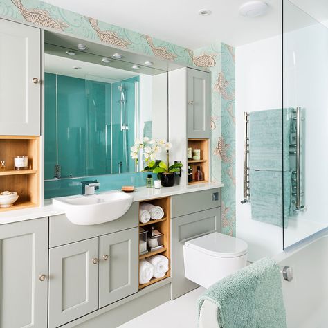 Classic bathroom makeover with Shaker fitted furniture and koi carp wallpaper Small Bathroom Fitted Furniture, Fitted Bathroom Furniture Small Spaces, Fitted Furniture Bathroom, Bathroom Fitted Furniture, Carp Wallpaper, Family Bathroom Ideas, Panelled Bathroom, Bathrooms Uk, Classic Bathroom Furniture