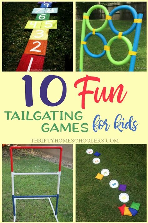 10 Fun Tailgating Games for Kids - Thrifty Homeschoolers Football Carnival Game, Football Toss Game Diy, Tailgating Games For Adults, Tailgate Games For Kids, Kids Sports Party Games, Football Party Games For Kids, Kids Tailgate Party, Tailgate Party Games, Sonic Party Games