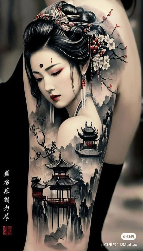 Japanese Tattoo Designs Geisha, Japanese Tattoo Art Geisha, Petals Tattoo, Female Samurai Tattoo, Japanese Geisha Drawing, Tato Geisha, China Tattoo, Japanese Geisha Tattoo, Voll Arm-tattoos