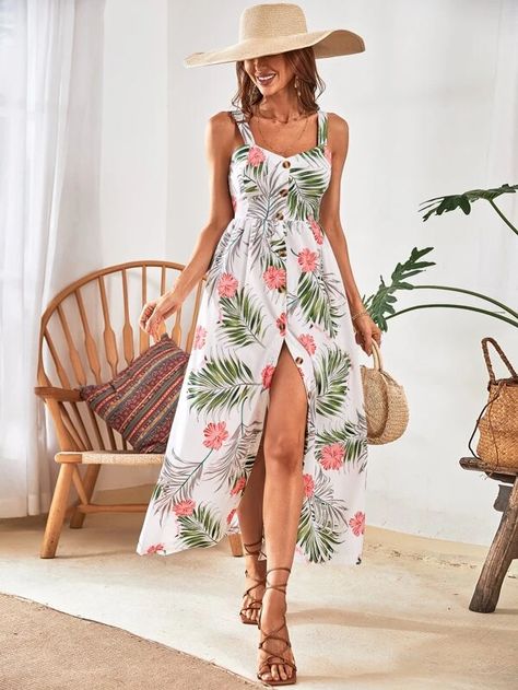 Tropical Print Button Front Cami Dress | SHEIN USA Shein Dress, Shein Dresses, Sleeveless Maxi Dress, Cami Dress, Flowing Maxi Dress, Beach Girl, Glamorous Evening Gowns, Tropical Print, Printed Maxi Dress