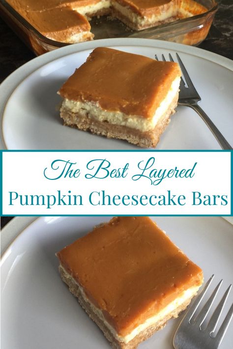 These layered pumpkin cheesecake bars are the perfect homemade fall dessert. You better believe these bars are oh so tasty and the best layer bars I've ever eaten. Come on and let me show you how to make this easy recipe! Pumpkin Squares Recipe, Pumpkin Cheesecake Bars Recipe, Desserts Bars, Easy Desserts For Kids, Weekday Recipes, Layered Pumpkin Cheesecake, Pumpkin Pie Spice Mix, Future Chef, Pumpkin Cheesecake Bars