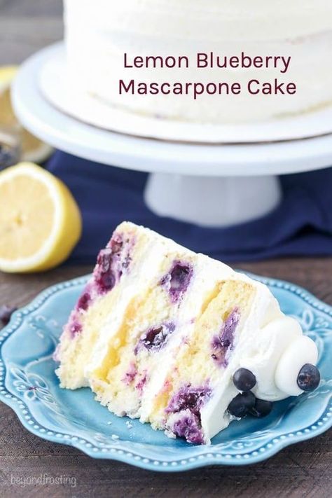 Tangy Lemon Blueberry Mascarpone Layer Cake is a moist lemon cake are loaded with sweet blueberries. In between each layer of cake is mascarpone whipped cream and a tangy lemon curd. It’s an oil-based cake recipe that stays super moist and is dense like a sponge cake. #cake #layercake #blueberry #lemon #lemonblueberry #lemoncake #blueberrycake Mascarpone Cake Recipe, Blueberry Mascarpone, Mascarpone Whipped Cream, Lemon Cream Cake, Mascarpone Cake, Mascarpone Recipes, Lemon Blueberry Cake, Moist Lemon Cake, Mascarpone Frosting