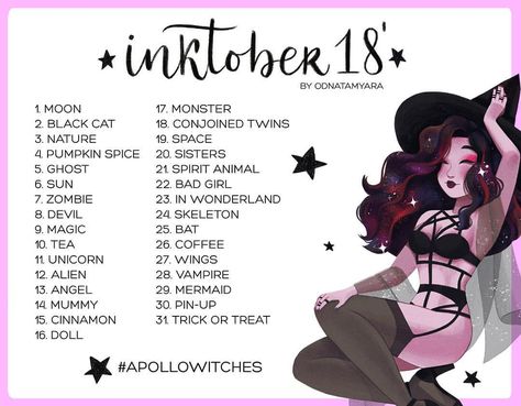 I decided to make my own #inktober prompt list for this year! This will be my second year of participating in #inktober 🖤 Are you going to participate this year? My list is a witchy inktober list! You are more than welcome to use my prompt list, it would be super awesome if you could tag me or use #apollowitches if you do! I’ll feature a few of the drawings each day on my stories, so don’t forget to tag me! I'm so excited to see your spooky witches! #inktober #inktober2018 #inktoberprompts #... Inktober Prompts, Pic Drawing, Challenge List, 30 Day Art Challenge, Art Journal Challenge, Drawing Ideas List, 2018 Year, Creative Drawing Prompts, Film Disney