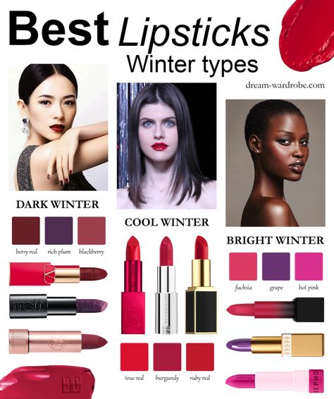 Best Deep Winter Lipsticks, Deep Winter Color Palette Lipstick, Lipstick For True Winter, Lipstick For Cool Winter, Winter Color Analysis Makeup, Bright Winter Makeup Palette, True Winter Lipstick Colors, Cool Winter Lipstick, Deep Winter Color Outfits