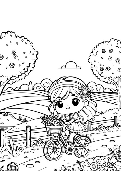 Springtime Biking Coloring Page Girls Coloring Pages, Girl Colouring Pages, Bicycle Colouring Pages, Spirit Riding Free Coloring Pages, Meadow Coloring Page, Bicycle Clipart Black And White, Kids Christmas Coloring Pages, Santa Coloring Pages, Free Christmas Coloring Pages