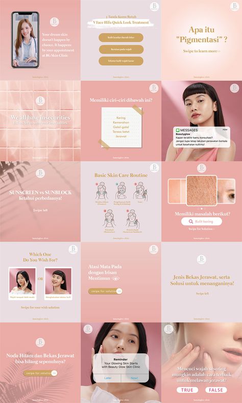 Skincare Grid Instagram, Skin Instagram Feed, Beauty Products Instagram Feed, Beauty Spa Instagram Feed, Skincare Instagram Feed Ideas, Beauty Clinic Instagram Design, Beauty Feed Instagram Ideas, Aesthetic Clinic Instagram Feed, Beauty Template Design