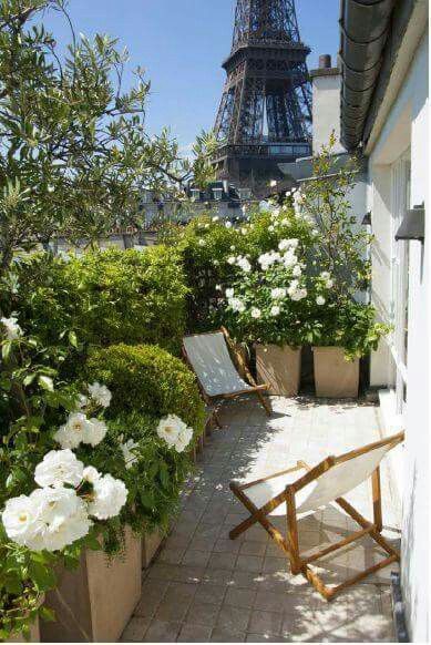 ♡ City Of Paris, Small Balcony Garden, Apartment Balcony, Rooftop Garden, Balcony Design, Apartment Garden, Apartment Balconies, Roof Garden, The Eiffel Tower