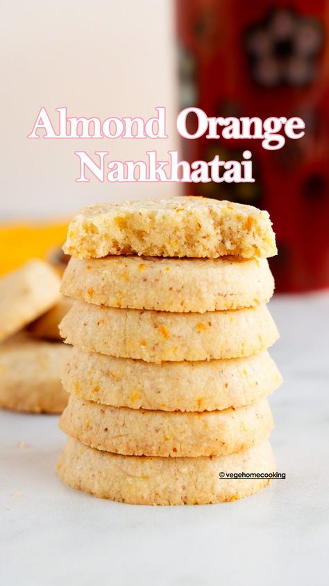 These Almond Orange Nankhatai are buttery, flaky, and crispy outside with a melt-in-a-mouth interior. They are eggless shortbread cookies with cardamom, orange, and vanilla flavors! Pistachio Cranberry Cookies, Cookies Recipes Indian, Orange Almond Cake, Indian Cookies, Cookies Eggless, Almond Flour Biscuits, Eggless Cookie Recipes, Cookie Bars Easy, Eggless Cookies