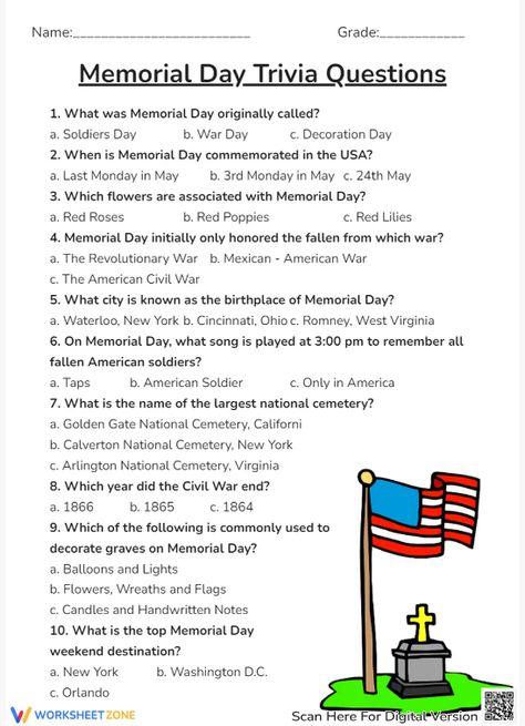 Test your knowledge and honor the fallen with our Memorial Day Trivia Worksheets for 2024, commemorating the sacrifices of our heroes. 
#trivia #Memorialday #Questions Memorial Day Trivia, Memorial Day Activities, Brain Puzzles, Social Studies Worksheets, Trivia Questions, Homeschool Ideas, Remembrance Day, Color Street, Interesting Facts