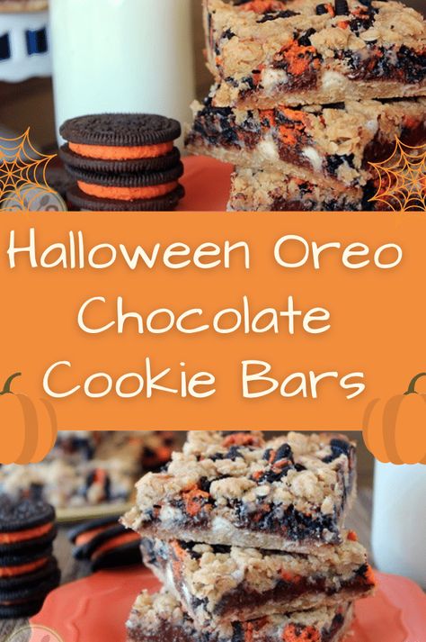 Halloween Oreo Chocolate Cookie Bars – | Baby Gizmo Pillsbury Halloween Cookies, Oreo Cookie Bar, Oreo Bars, Happy Cakes, Chocolate Cookie Bars, Chocolate Chip Pudding, Halloween Oreos, Boo Bash, Chocolate Chip Pudding Cookies