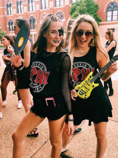 Rock And Roll Bid Day Theme, Gamma Phi Beta Rock N Roll Date Party Outfit, Rock And Roll Cheer Theme, Rock Spirit Week Outfit, Rock N Roll Sorority Theme, Rock And Roll Football Theme, Rock And Roll Theme Outfit, Rock And Roll Bid Day Theme, Rock And Roll Bid Day, Rock N Roll Party Outfit