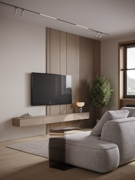 Minimalist beige apartment design on Behance Flush Tv Wall, Beige Apartment, Japandi Living Room, Japandi Living, Minimalist Living Room Design, Living Tv, Minimalist Kitchen Design, Japandi Interior, Living Room Tv Wall