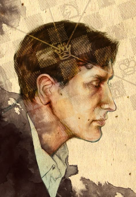 katieso:  An illustration of Bobby Fischer, chess champion. He was awesome and went totally nuts. Bobby Fischer Wallpaper, Famous Intj, People Playing Chess, Bobby Fisher, Gambit Aesthetic, Queen's Gambit Aesthetic, Chess Champion, Chess Aesthetic, Undead King