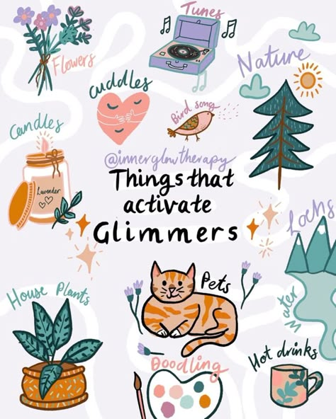 What Are Glimmers, Art Healing Therapy Ideas, Glimmers Examples, What Is Therapy, Triggers And Glimmers, Glimmers Quotes, How To Be Happier, How To Control Emotional Triggers, Therapy Types