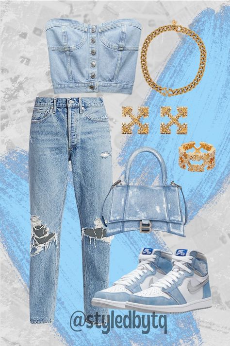 Jordan 1s Outfit Women, Denim Crop Top Outfit, Demin Outfit, Jean Shirt Outfits, Jordan 1s Outfit, Denim On Denim Outfit, Zara Croptop, Target Jeans, Purse Outfit