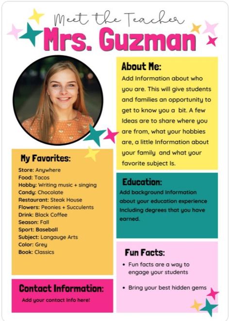 A bright and playful meet the teacher profile to share a bit about yourself with your students and famalies! Includes an area for favorites, your education and is compIetely customizable! Teacher Profile, Pta Board, Meet The Teacher Template, Teacher Cartoon, Profile Template, Cute Business Cards, Teacher Templates, Business Cards And Flyers, Marketing Business Card