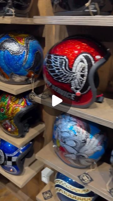 Gnarly Magazine on Instagram: "Custom Helmet Heaven 😃Repost👉 @70s_helmets . . Our dreamland 😍 . What is Your favorite? . #70shelmets #customizeyourhead #70scustoms #customhelmet #kustompaint #customart #metalflakes  #metalflakesandcandy  #glitter  #handmadewithlove #handcrafted #vintagehelmets . @custompainthq  @gnarlymagazine  @harleydavidson  @harleydavidsonaddicts  @harleywood.faakersee  @harley_davidson_lifestyle" Custom Helmet Paint, Kustom Paint, Helmet Paint, Custom Helmets, Sign Painting, Pinstriping, March 5, What Is Your Favorite, Painted Signs