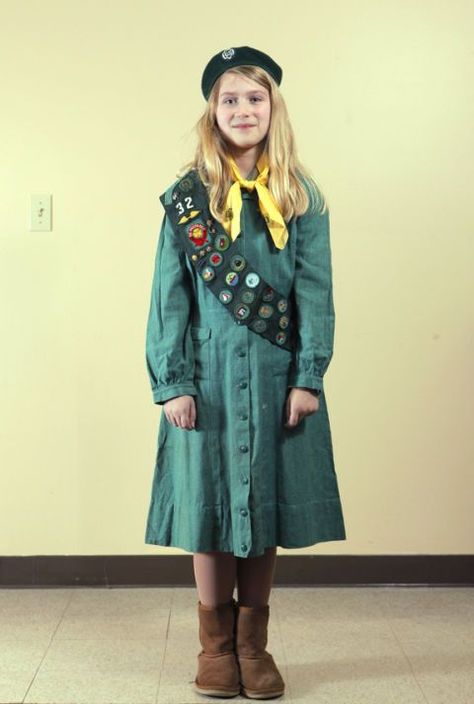 Girl Scout Uniform 1950s Girl Scout Outfit, Scout Outfit, Girl Scout Costume, Girl Scouts History, Iconic Girl, Girl Scout Uniform, Camping Site, Scout Uniform, Creeper Minecraft