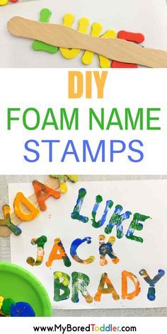 DIY foam name stamps This is a great way to get toddlers and preschoolers learning to recognize and spell their name. A fun, process art activity that they will love! Play Invitations, School Names, Preschool Names, Name Crafts, Name Activities, Preschool Literacy, Art Activity, Toddlers And Preschoolers, Toddler Snacks