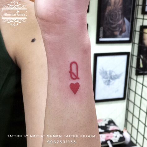 Queen & Heart Tattoo Q❤️tattoo. @mumbaitattoocolaba  @bigguystattoo . #tattoo #coupletattoo #queentattoo #hearttattoo #linetattoo #intialtattoo #nametattoo #lovetattoo #crown #couplesgoals #mumbaitattoo #mumbaitattoocolaba #bigguystattoo Q Heart Tattoo, Q Tattoo Queen, Q Of Hearts Tattoo, Secret Heart Tattoo, Queen Hearts Tattoo, Queen Heart Tattoo, Queen Of Heart Tattoo, Heart Face Tattoo, Q Tattoo