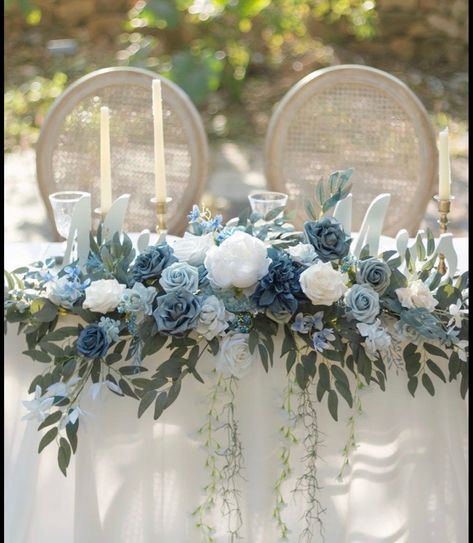 Blue Centrepiece, Wonderland Sweet 16, Blue Centerpieces, Wedding Hoop, Head Table Wedding, Dusty Blue Wedding, Blue Themed Wedding, Blue Wedding Flowers, Wedding Table Flowers