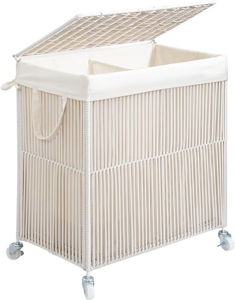 WOWLIVE Laundry Hamper with Wheels, Handwoven Rolling Laundry Basket with Lid, Clothes Hamper with Divided Removable Liner Bag, 115L Large Capacity Laundry Sorter Laundry Room Organization, White : Amazon.co.uk: Home & Kitchen Hamper With Wheels, Laundry Hamper With Wheels, Rolling Laundry Basket, Business Storage, Laundry Basket With Lid, Laundry Sorter, Basket With Lid, Clothes Hamper, Hamper Storage