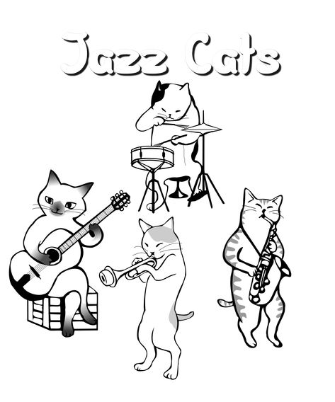 Cats are cool. Jazz is cool. Put them together and super cool is the answer. get down with the Jazz Cats. Miles Davis, John Coltrane, Charlie Parker, Buddy Rich, Benny Goodman. Nice hip and groovy Jazz Band Tattoo, Cat Playing Instrument Drawing, College Images, Band Illustration, Band Drawing, Cat Band, Buddy Rich, Benny Goodman, Jazz Cat