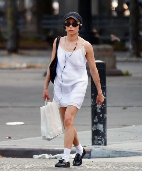 Zoë Kravitz's Crew Socks and Slip Dress Outfit Is From Gen Z's Style Handbook | Marie Claire White Slip Outfit, Zoe Kravitz Summer Street Style, Zoe Kravitz Style 2024, Zoe Kravitz Skirt Outfit, Zoe Kravitz Outfits, Slip Outfit, Zoe Kravitz Slip Dress, Zoe Kravitz Tumblr, Gen Z Style