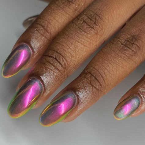 beetle chrome cat eye nails 🪲⛓️ for @just_nadeline #nycnails #nycnailtech #chromenails #brooklynnails Chrome Over Cat Eye Nails, Iridescent Cat Eye Nails, Cat Eye Almond Nails, Nyc Nails, Eye Nails, Magnetic Nails, Cat Eye Nails, Holographic Nails, Chrome Nails