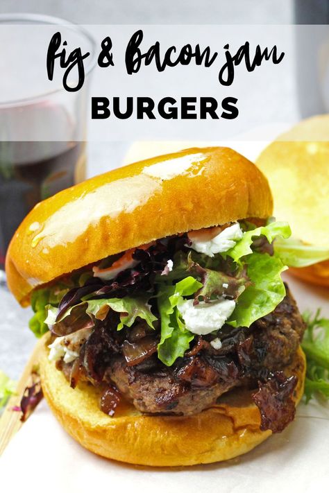 This fig and bacon jam burger is one of the best burger recipes out there. It's perfect for an easy dinner idea or football party idea for game day. Bacon burgers are one of the best comfort food recipe ideas! #bacon #burger #figs #comfortfood #dinner Fig Jam Burger, Fall Burger Recipes, Fancy Burger Recipes, Jam Burger, Bacon Jam Burger, Food Crockpot, Bacon Burgers, Best Burger Recipe, Meat Lover