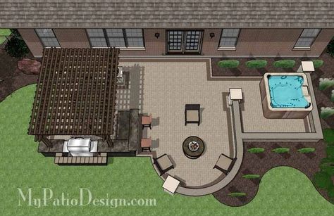 Creative Brick Patio Design with Pergola and Hot Tub | Download – MyPatioDesign.com Patio Plan, Hot Tub Patio, Patio Plans, Pool And Hot Tub, Backyard Layout, Patio Layout, Brick Patio, Concrete Patios, Backyard Area