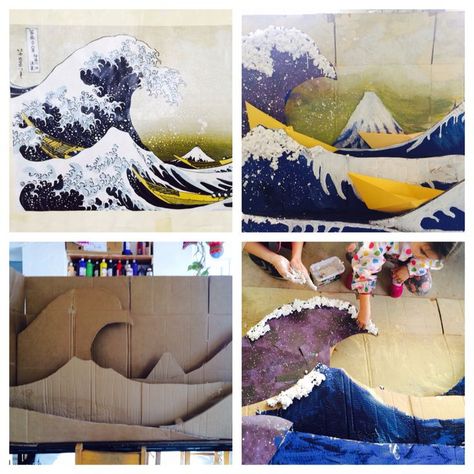 Wave Installation, Diy With Kids, The Great Wave Of Kanagawa, Wave Of Kanagawa, Cardboard Sculpture, The Great Wave, Art Lessons For Kids, Elementary Art Projects, Cardboard Art