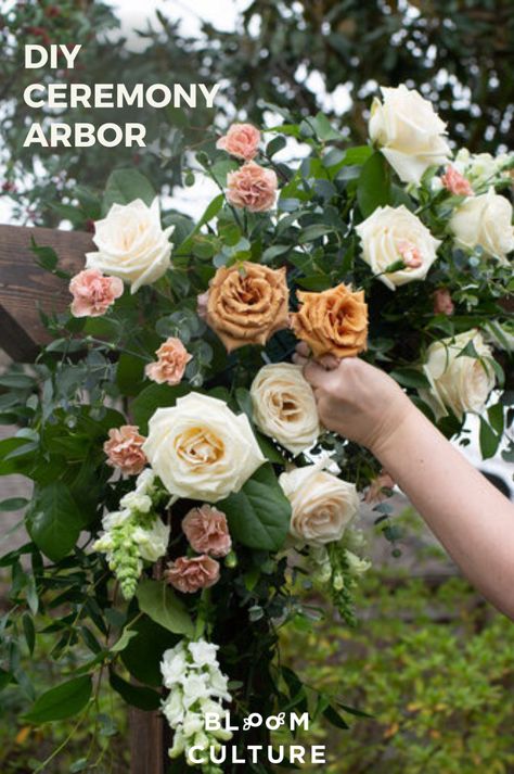 Diy Wedding Arbor Flower Arrangement, Decorating An Arbor For A Wedding, Diy Arbor Floral Arrangement, Diy Wedding Arbor Flowers, Diy Wedding Aisle Flowers, Diy Arch Flower Arrangement, Flowers On Arbor, Aisle Decorations Wedding Outdoor, Arbor Floral Arrangement