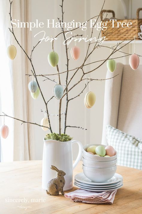 A Simple Hanging Egg Tree For Spring - Sincerely, Marie Designs Simple Easter Decor, Easter Egg Tree, Egg Tree, Easter Tree Decorations, Easter Decorating, Easter Eggs Diy, Party Deco, Easter Inspiration, Spring Decorating