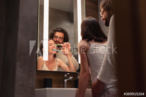 Couple brushing teeth before bedtime #AD , #brushing, #Couple, #bedtime, #teeth Couple Brushing Teeth, Brushing, Brushing Teeth, Mirror Selfie, Stock Photos