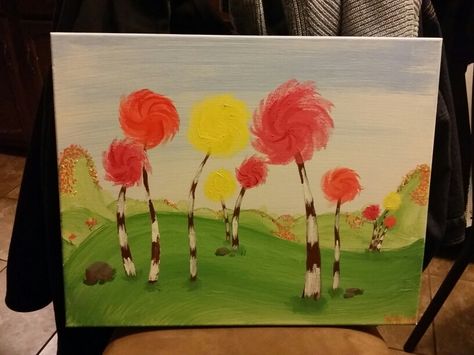 Truffula Trees Painting, Lorax Painting Ideas, The Lorax Trees Painting, Lorax Trees Painting, The Lorax Art, The Lorax Trees, Lorax Painting, Truffala Trees, Lorax Trees